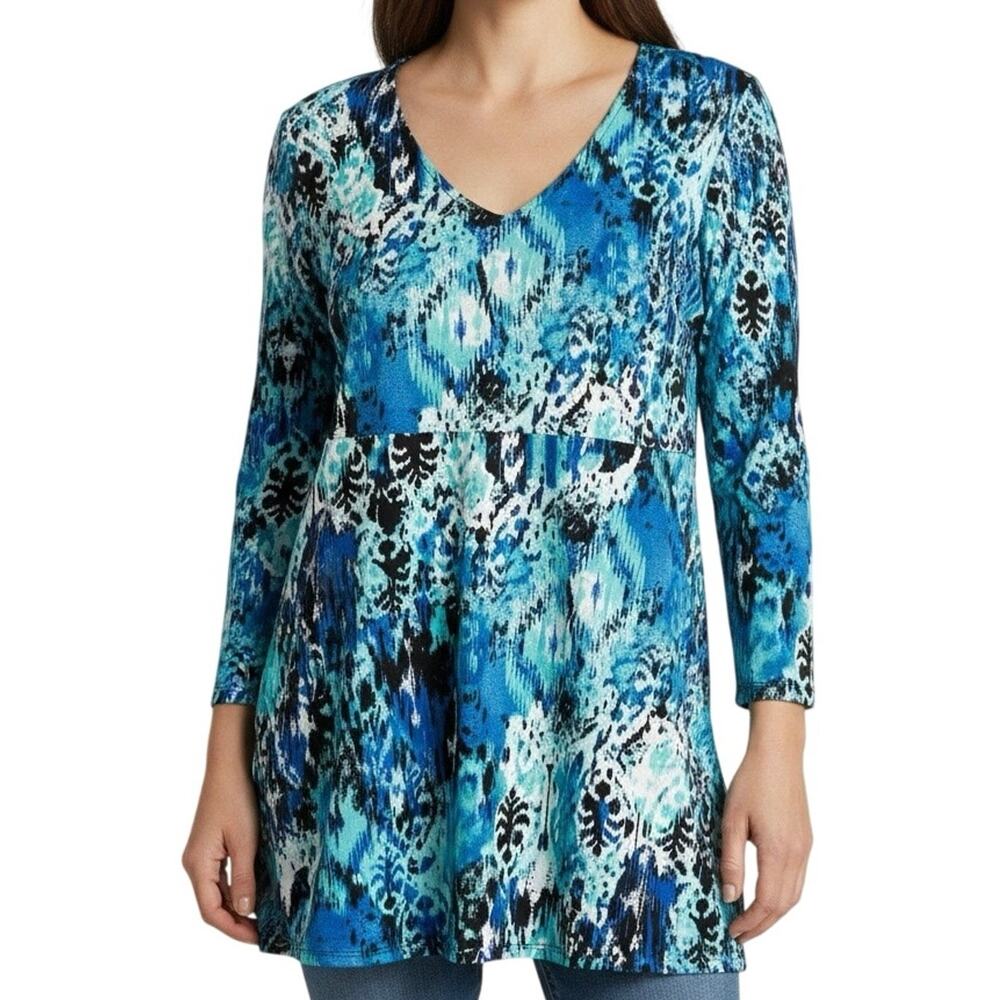 Slinky Brand Sz XL Super Stretchy Blue Artsy Long Sleeve Blouse Shirt Top Art
